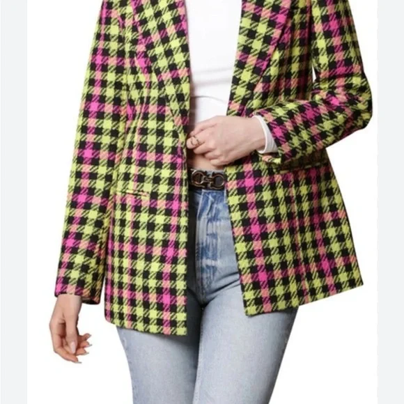 Avec Les Filles pink and yellow/green plaid blazer jacket - Picture 2 of 7